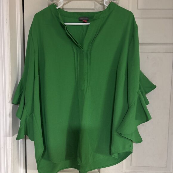 Vince Camuto Top Womens Plus 1X Green V-Neck Ruffle Long Sleeve Blouse Gauze - Picture 1 of 8